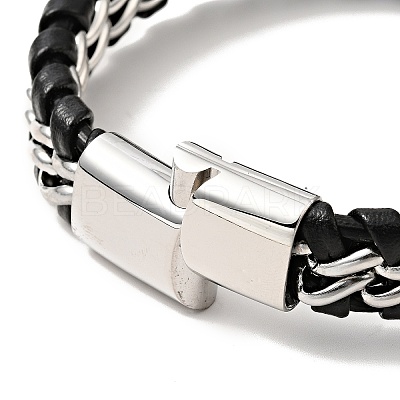 Leather & 304 Stainless Steel Braided Curb Chains Cord Bracelet with Magnetic Clasp for Men Women BJEW-C021-19-1