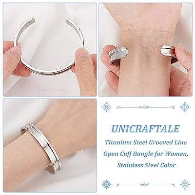1Pc C-Shaped 201 Stainless Steel Grooved Cuff Bangles STAS-UN0052-35-1