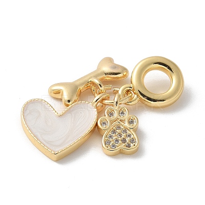 Brass Micro Pave Clear Cubic Zirconia Paw Print Bone Heart European Dangle Charms KK-P292-10G-1