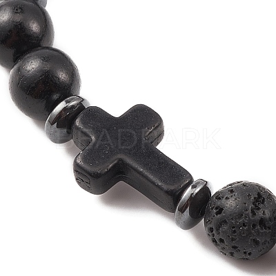 Natural & Synthetic Mixed Gemstone & Wood Cross Beaded Stretch Bracelet BJEW-JB09623-1