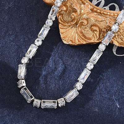 Brass Pave Clear Cubic Zirconia Rectangle & Flat Round Link Bracelets BJEW-YWC0002-02A-1