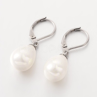 Teardrop Shell Pearl Leverback Dangle Earrings EJEW-JE01793-1