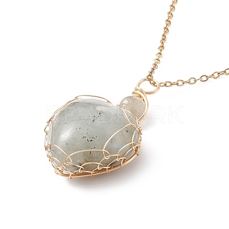 Copper Wire Wrapped Natural Labradorite Heart Pendant Necklaces NJEW-JN03971-03-1