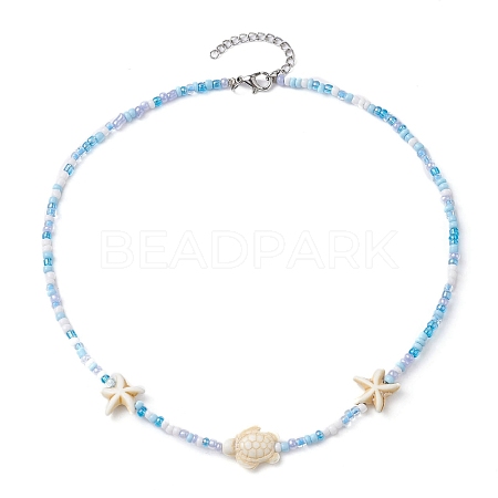 Synthetic Turquoise Starfish & Turtle & Seed Beaded Necklace for Women NJEW-JN04482-02-1