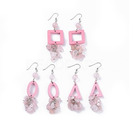 Natural Rose Quartz Beads Dangle Earring Sets EJEW-JE03360-03-1