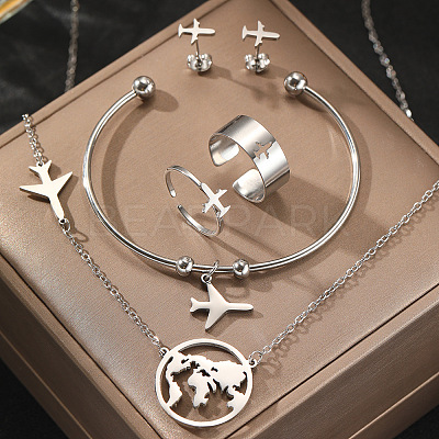 Airplane & Earth 201 Stainless Steel Pendant Necklace & Stud Earring & Cuff Ring & Cuff Bangle Sets FS-WG54043-02-1