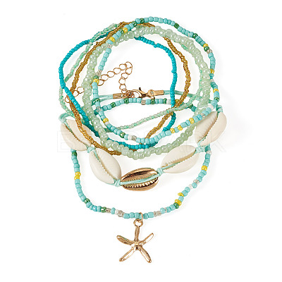 2 Bags Summer Beach Glass Seed Beaded & Natural Shell & Alloy Starfish Charm Anklet Sets AJEW-TA0003-69G-1