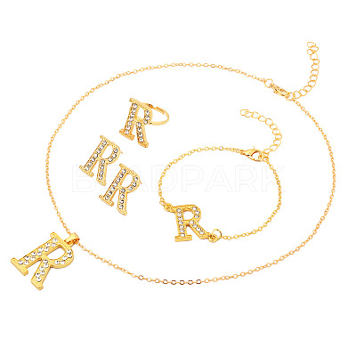 Letter Crown Alloy Rhinestone Pendant Necklaces & Stud Earring & Rings & Bracelet Sets for Women FS-WG4B6BC-01-1