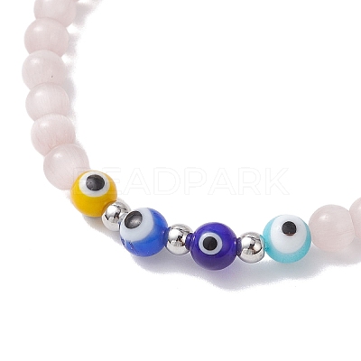 Cat Eye & Handmade Evil Eye Lampwork Round Beaded Stretch Bracelets for Women BJEW-JB12289-02-1