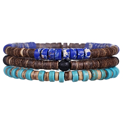 Synthetic Turquoise & Regalite & Coconut Shell Bead Stretch Bracelets Sets PW-WG7E5E9-01-1