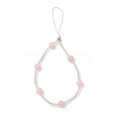 Natural Rose Quartz & Glass Seed Round Beaded Phone Hand Strap Chains HJEW-JM03363-03-1