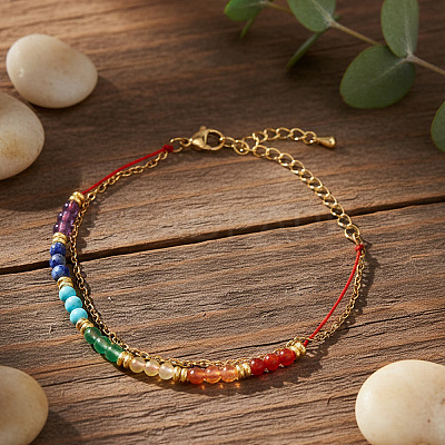 7 Chakras Synthetic Turquoise & Natural Lapis Lazuli & Carnelian Round Beads Double Layers Bracelets CC9331-1-1