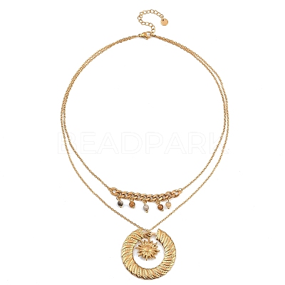 304 Stainless Steel Sun and Round Natural Crazy Agate Pendant Double Layer for Women NJEW-K252-13G-1