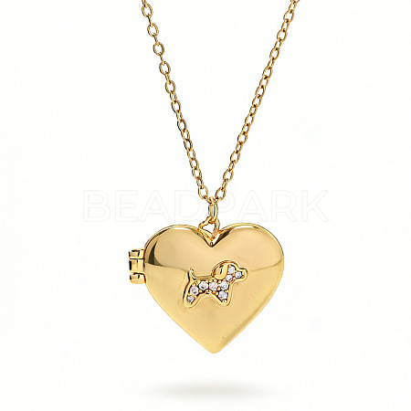 Brass Pave Clear Cubic Zirconia Heart with Dog Photo Locket Pendant Necklaces for Women WG0A403-01-1