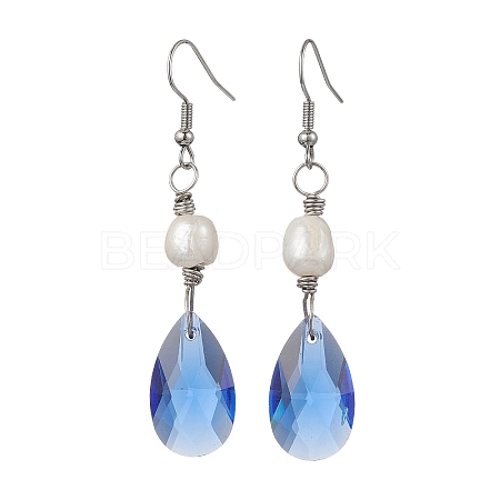 Glass Teardrop & Natural Pearl Dangle Earrings EJEW-JE05725-1