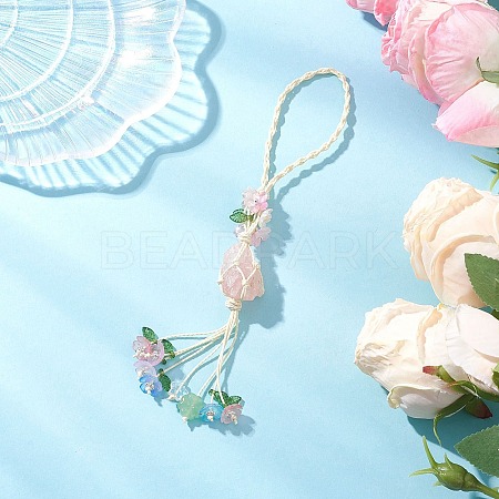 Nuggets Natural Rose Quartz Net Pouch Pendant Decorations HJEW-JM04260-01-1