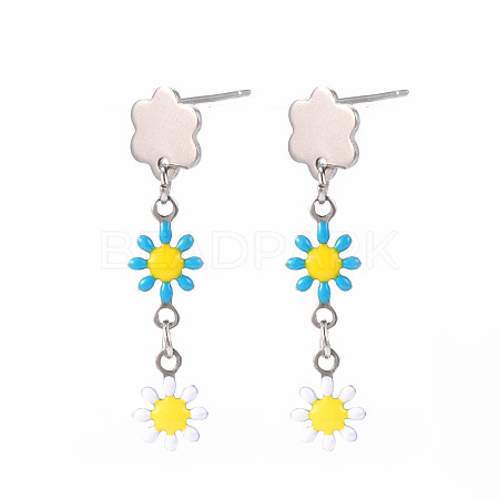 Enamel Flower Long Dangle Stud Earrings EJEW-N049-04A-1