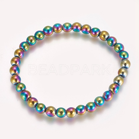 Electroplated Non-magnetic Synthetic Hematite Beaded Stretch Bracelet BJEW-P215-01-6mm-1