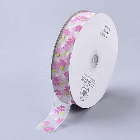 Flower Pattern Printed Polyester Organza Ribbons ORIB-Q034-06-1