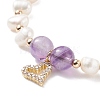 Natural Amethyst & Pearl Beaded Bracelet with Cubic Zirconia Heart Charm BJEW-JB08167-01-4