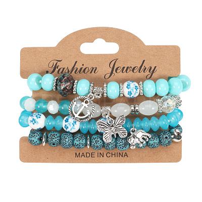 4Pcs Bohemian Style Alloy & Glass & Acrylic Charm Bracelets Set WG8E884-07-1