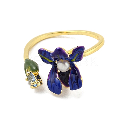 Flower Brass Enamel Open Cuff Rings RJEW-H220-24G-1