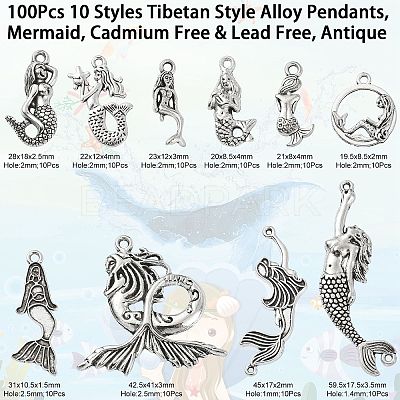 100Pcs 10 Styles Tibetan Style Alloy Pendants TIBEP-CJ0001-52-1