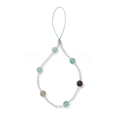 Natural Rainbow Fluorite & Glass Seed Round Beaded Phone Hand Strap Chains HJEW-JM03363-02-1
