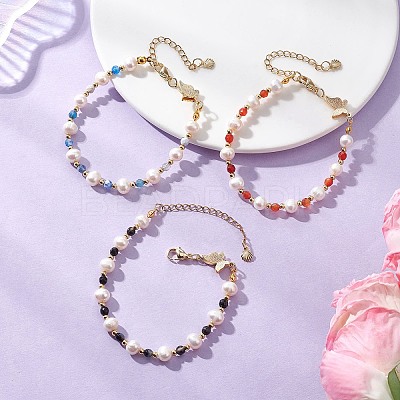 Round Natural Cultured Freshwater Pearl & Dyed Natural Agate Beaded Bracelats BJEW-JB12808-1