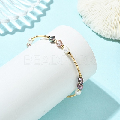 Nuggets Natural Cultured Freshwater Pearl & Brass Beaded Copper French Wired Bangles BJEW-JB13980-1