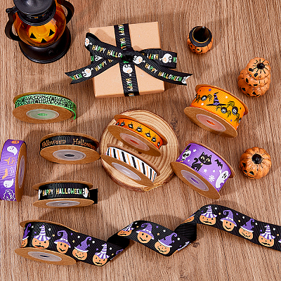 9Pcs 9 Styles Halloween Printed Polyester Grosgrain Ribbon OCOR-WH0085-74-1