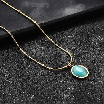 Imitation Cat Eye Oval Pendant Necklace with Round Snake Chains X-NJEW-G085-06G-1