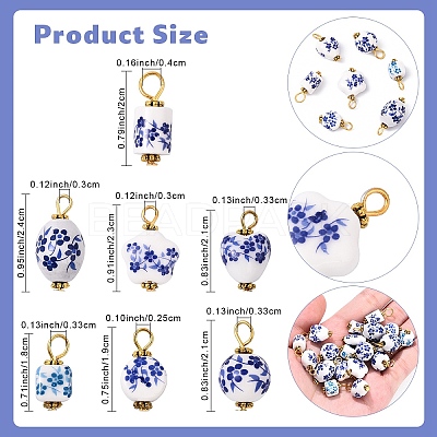 20Pcs Blue & White Floral Printed Porcelain Pendants PALLOY-YW00112-01-1