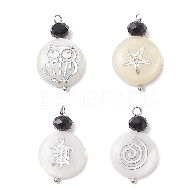 4Pcs 4 Styles Natural Shell & Black Glass Flat Round Pendants PALLOY-JF04290-1