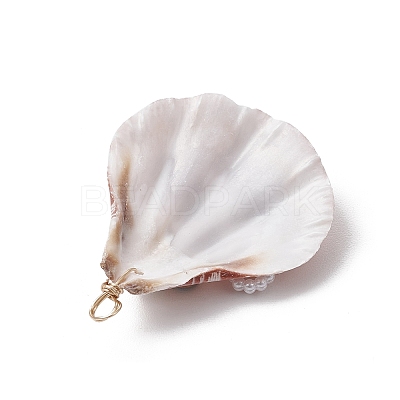 Natural Scallop Shell & Resin Flower & ABS Plastic Imitation Pearl Bowknot Pendants PALLOY-JF03891-1