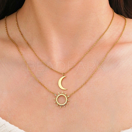 304 Stainless Steel Double Layered Sun Moon Pendant Necklaces NJEW-Z081-02G-1