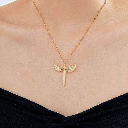 Brass Clear Cubic Zirconia 3D Cute Wing Sword Pendant Necklaces for Daily Wear GF5627-1-1