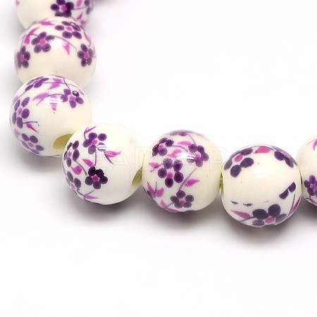Handmade Flower Printed Porcelain Ceramic Beads Strands PORC-M007-10mm-11-1