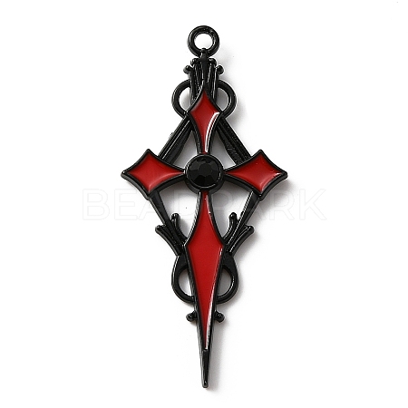 Jet Rhinestone Cross Pendant with Red Enamel ENAM-WH0001-06EB-03-1