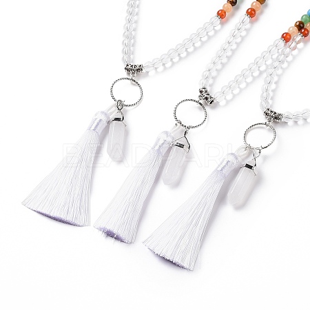 Natural Quartz Crystal Bullet & Tassel Pendant Necklace with Mixed Gemstone Beaded Chains NJEW-E585-02G-1