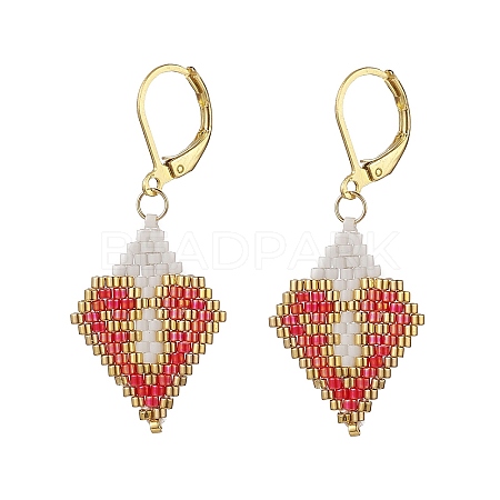 Glass Seed Braided Rhombus with Heart Dangle Leverback Earrings EJEW-MZ00030-02-1