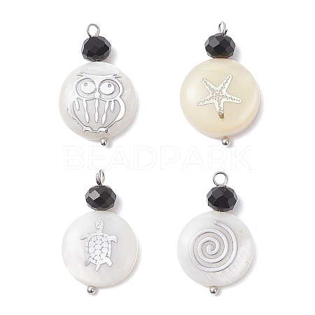 4Pcs 4 Styles Natural Shell & Black Glass Flat Round Pendants PALLOY-JF04290-1