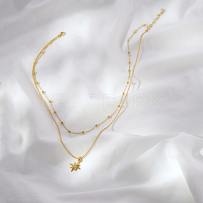 Stainless Steel Pave Clear Cubic Zirconia Star Pendant Double Layer Necklaces for Women's Daily Wear HB1579-2-1