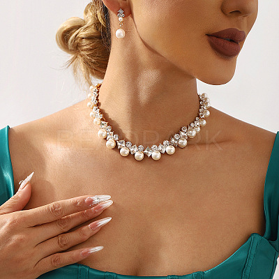 Rhombus Alloy & Plastic Pearl & Crystal Rhinestone Pendant Necklace & Stud Dangle Earring FS-WGAC24E-02-1