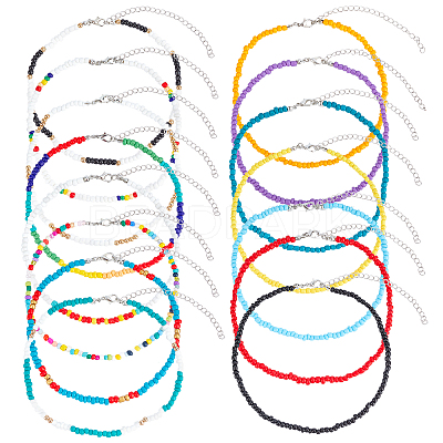 15Pcs 15 Styles Round Glass Seed Beads Choker Necklaces NJEW-AR0001-01-1