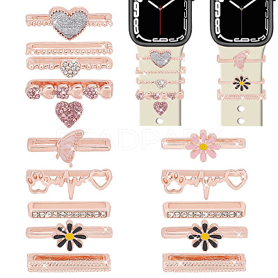 15Pcs 15 Style Heart & Flower & Word & Butterfly Crystal Rhinestone Watch Band Charms Set FIND-PH0007-69-1