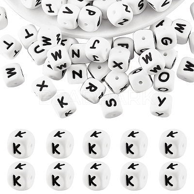 20Pcs White Cube Letter Silicone Beads 12x12x12mm Square Dice Alphabet Beads with 2mm Hole Spacer Loose Letter Beads for Bracelet Necklace Jewelry Making JX432K-1