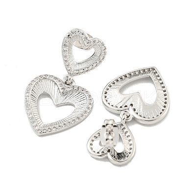 Hollow Heart Brass Pave Clear Cubic Zirconia Dangle Stud Earrings EJEW-M258-26P-1
