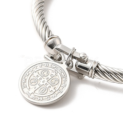 304 Stainless Steel Saint Benedict Charms Twist Rope Bangle for Women BJEW-P283-06C-1