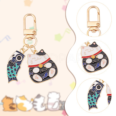 4Pcs 4 Styles Japanese Style Alloy Enamel Lucky Cat & Fish Pendant Keychain KEYC-GO0001-06-1
